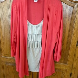 Coral Open Front Cardigan with Beige Ruffle Top Size 3X.